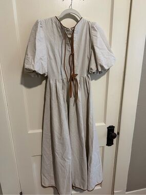 Cream Puff Sleeve Midi Dress with Brown Trim